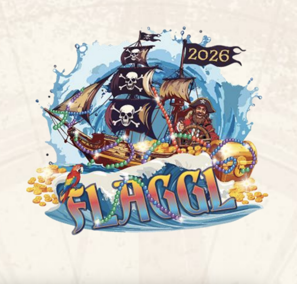 graphic for 2026 conference, featuring a pirate ship sailing a stormy sea with a black flag